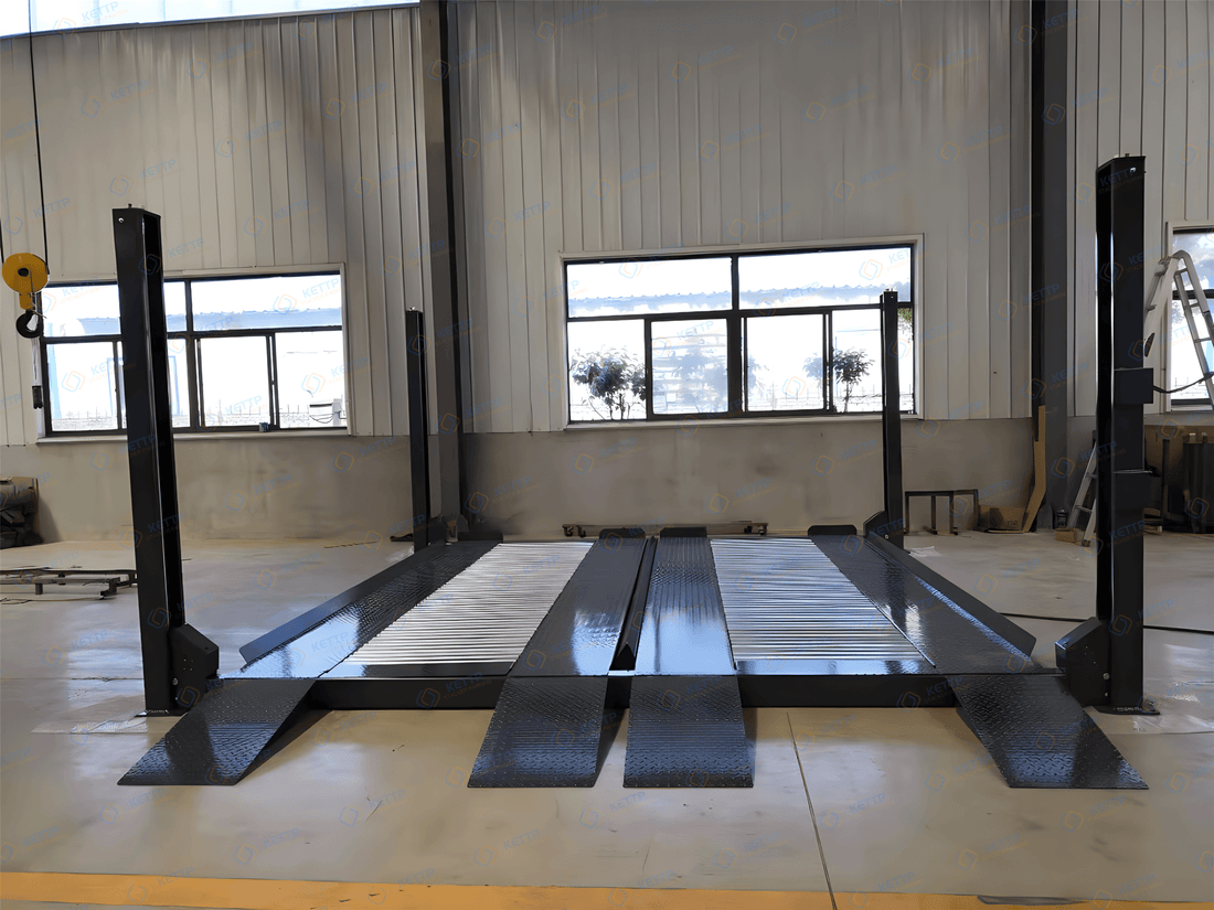 2FD 2 levels 4 post double wide car storage lift in stallation and test - QINGDAO KETTP CO., LTD.