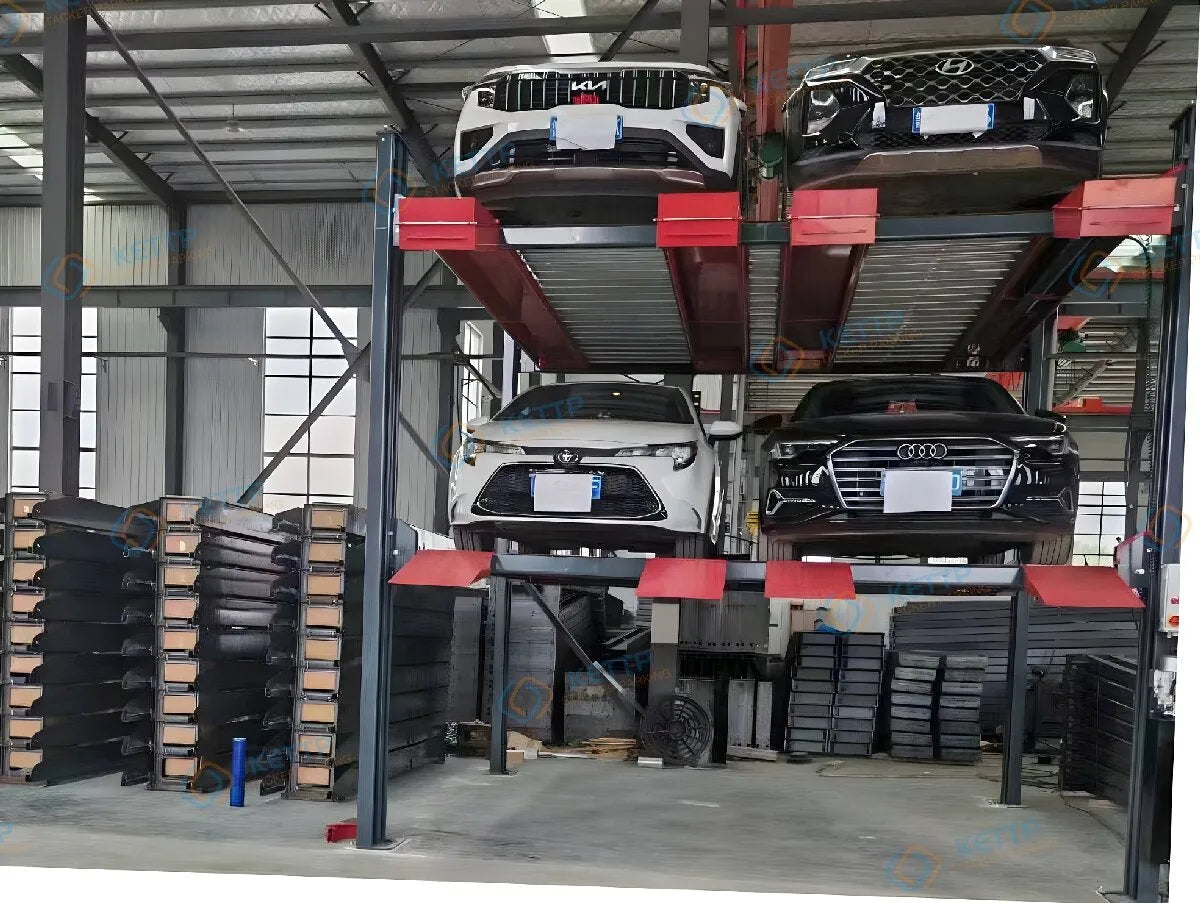 Load video: 3ED 3 levels 4 post double wide triple stacker parking lift by KETTP